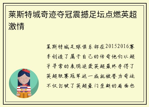 莱斯特城奇迹夺冠震撼足坛点燃英超激情