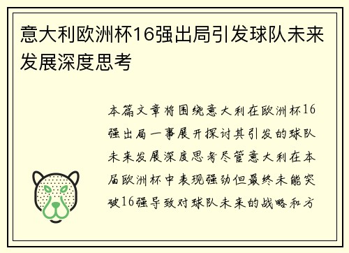 意大利欧洲杯16强出局引发球队未来发展深度思考